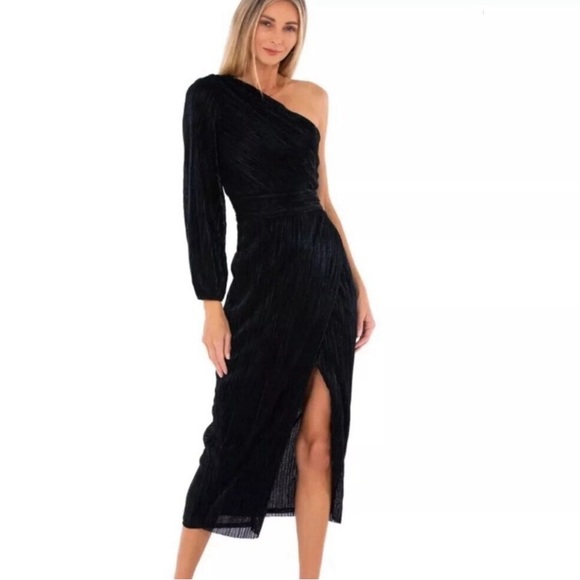 Saylor Alora Midi Metallic Dress One Shoulder Dress in Black Sz‎ Small - Picture 1 of 8